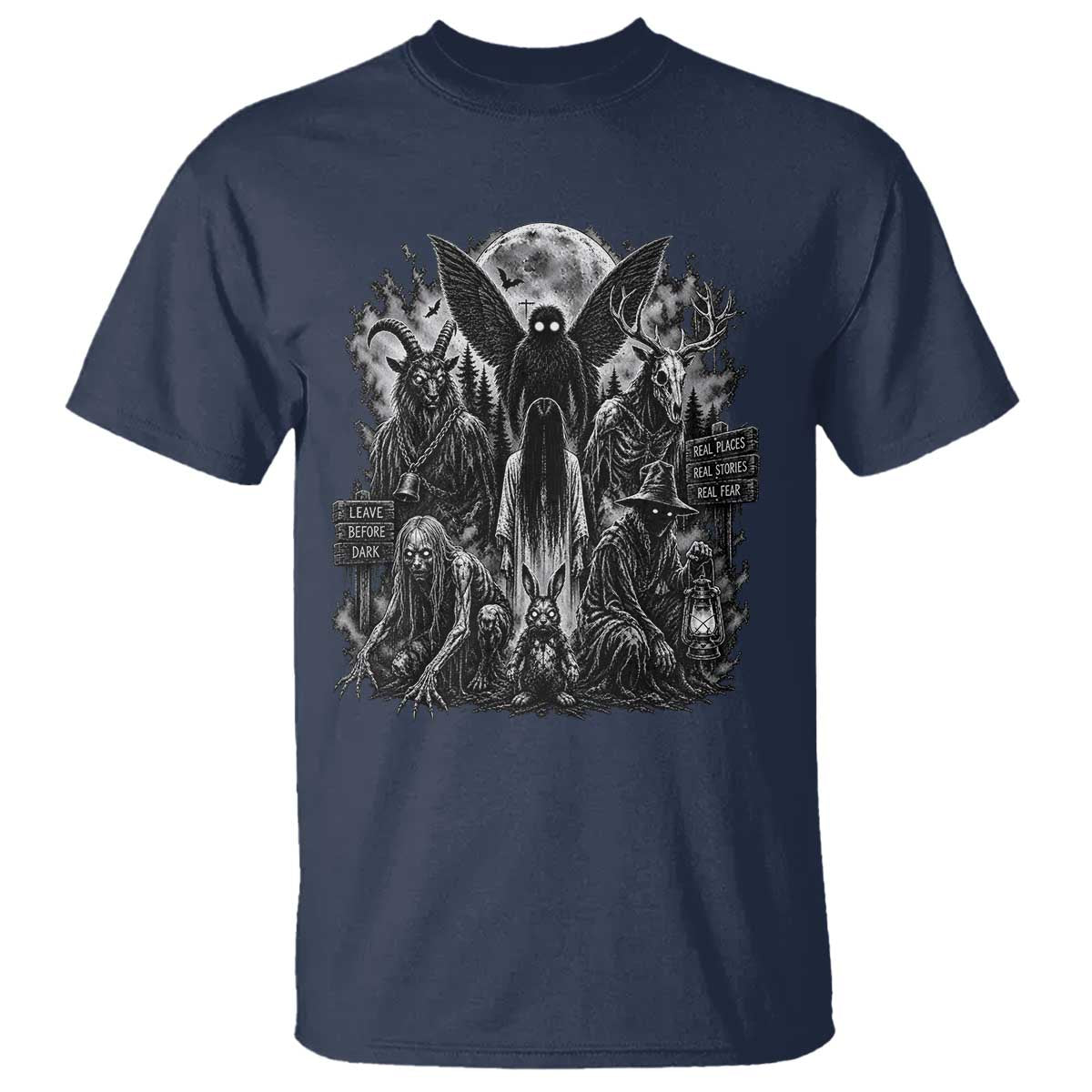 Cryptid Monsters Urban Legends T Shirt Vintage Dark Folklore Leave Before Dark Graphic