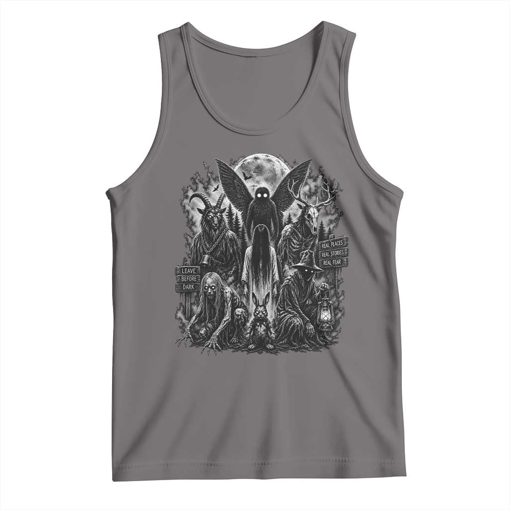 Cryptid Monsters Urban Legends Tank Top Vintage Dark Folklore Leave Before Dark Graphic