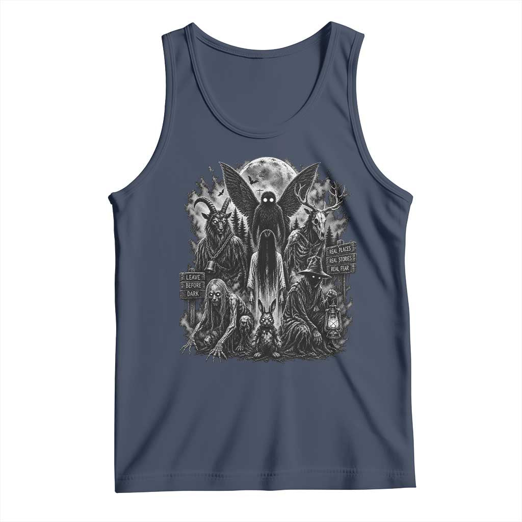 Cryptid Monsters Urban Legends Tank Top Vintage Dark Folklore Leave Before Dark Graphic