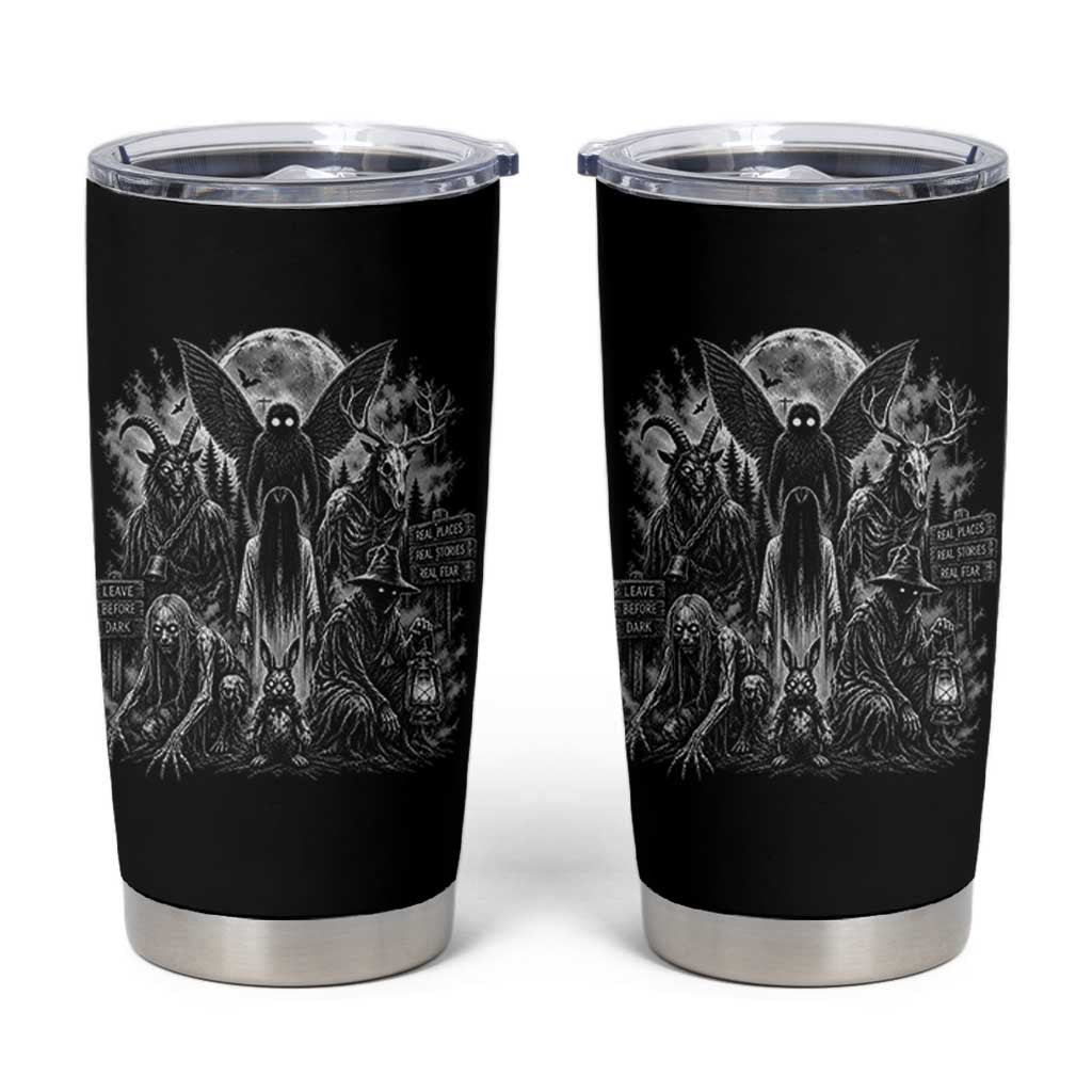 Cryptid Monsters Urban Legends Tumbler Cup Vintage Dark Folklore Leave Before Dark Graphic