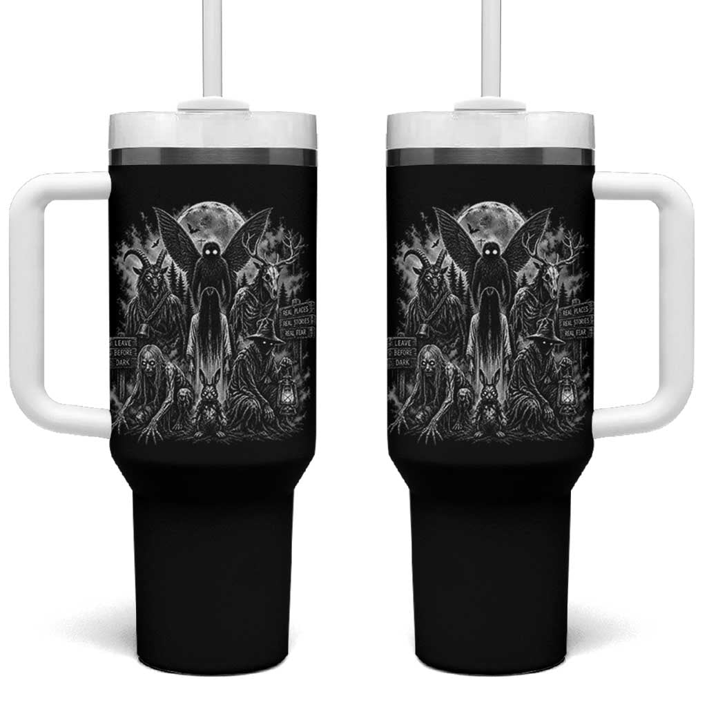 Cryptid Monsters Urban Legends Tumbler With Handle Vintage Dark Folklore Leave Before Dark Graphic