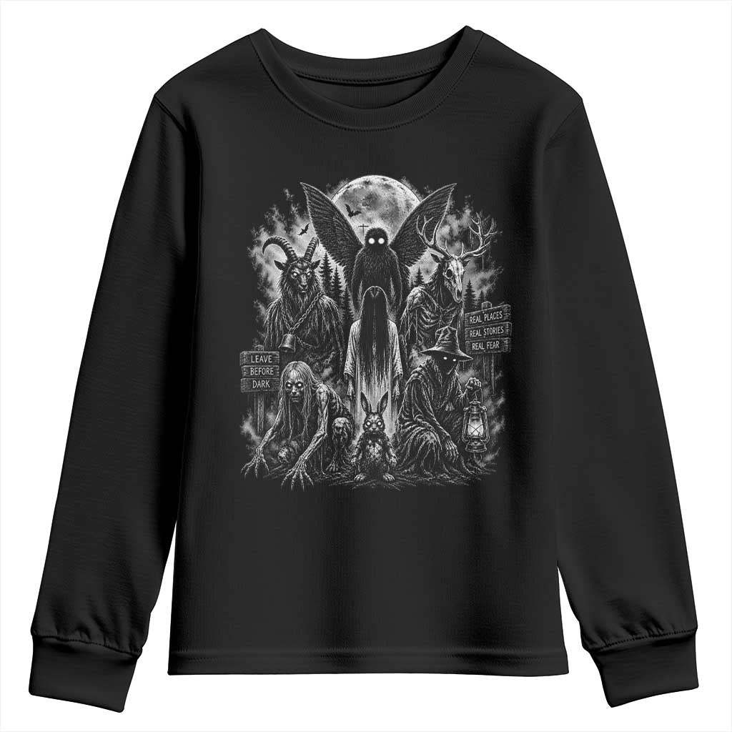 Cryptid Monsters Urban Legends Youth Sweatshirt Vintage Dark Folklore Leave Before Dark Graphic
