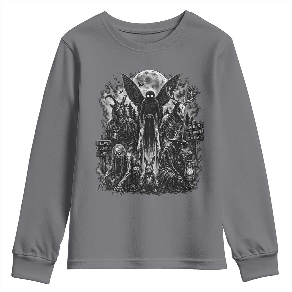 Cryptid Monsters Urban Legends Youth Sweatshirt Vintage Dark Folklore Leave Before Dark Graphic