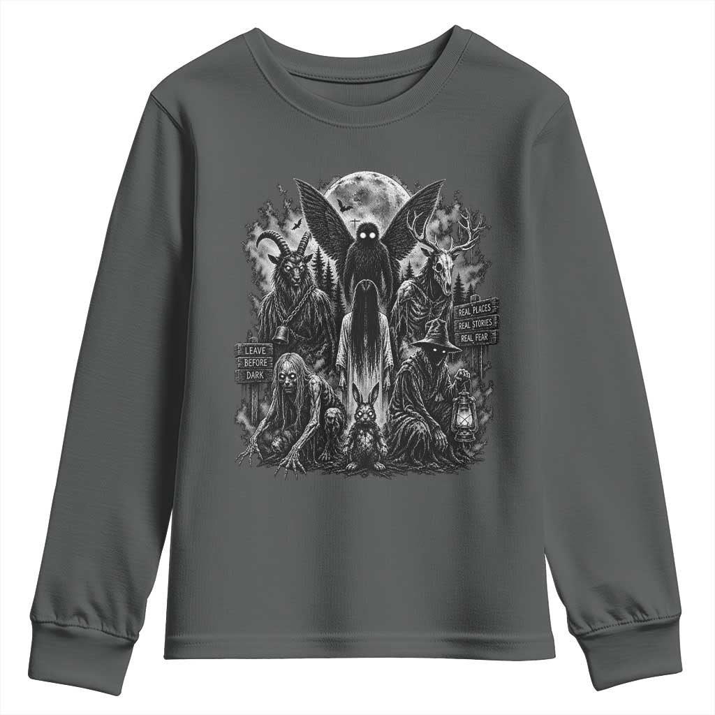 Cryptid Monsters Urban Legends Youth Sweatshirt Vintage Dark Folklore Leave Before Dark Graphic