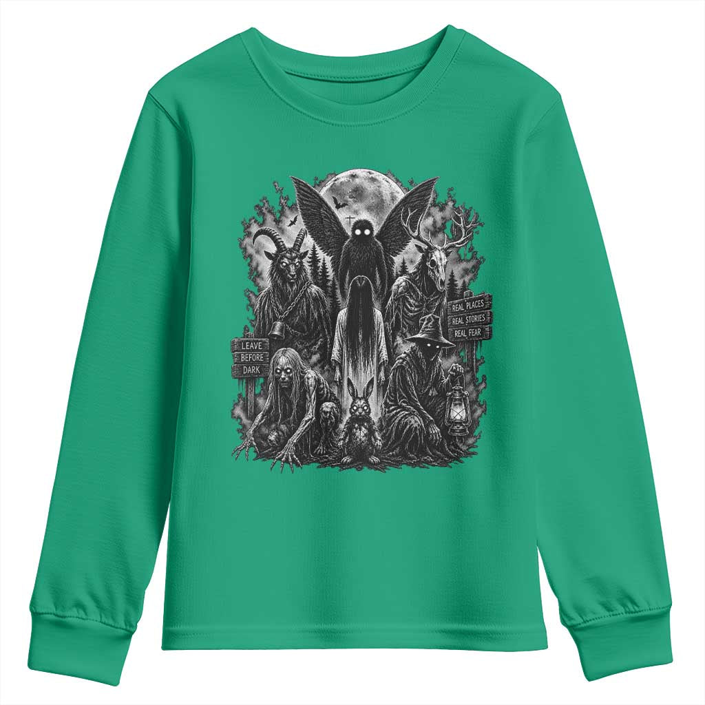 Cryptid Monsters Urban Legends Youth Sweatshirt Vintage Dark Folklore Leave Before Dark Graphic