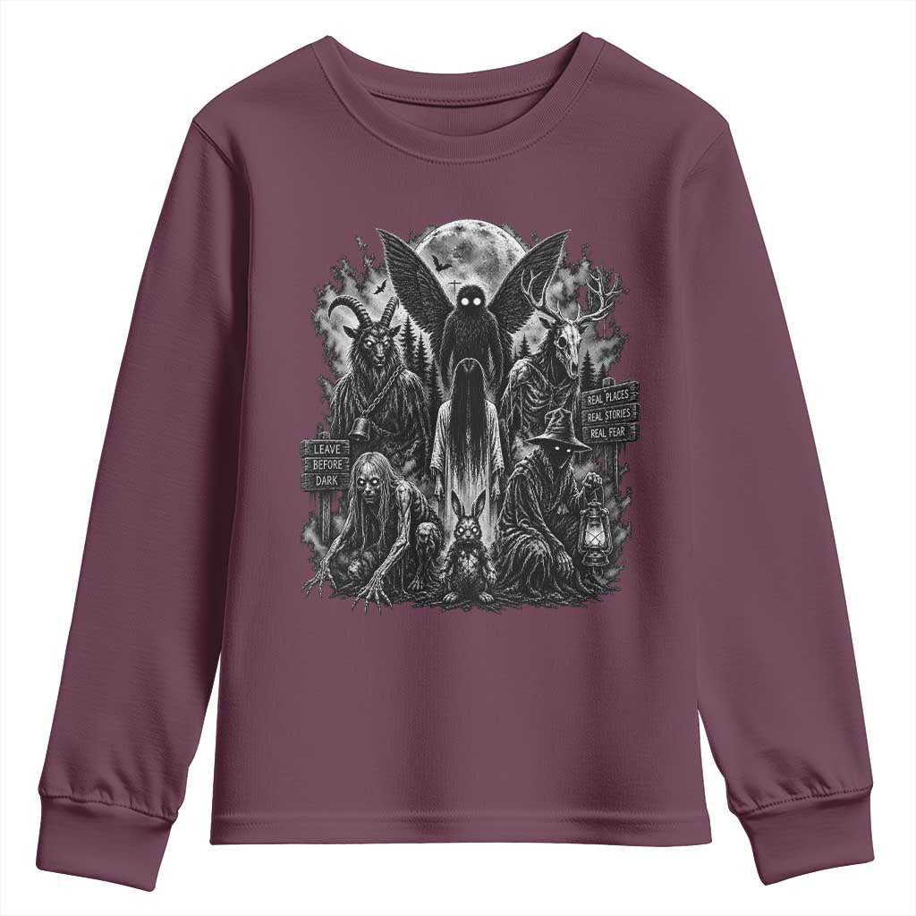 Cryptid Monsters Urban Legends Youth Sweatshirt Vintage Dark Folklore Leave Before Dark Graphic