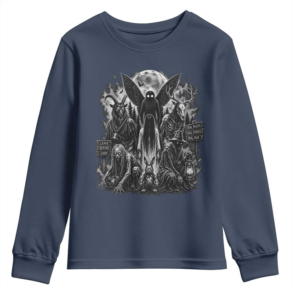 Cryptid Monsters Urban Legends Youth Sweatshirt Vintage Dark Folklore Leave Before Dark Graphic