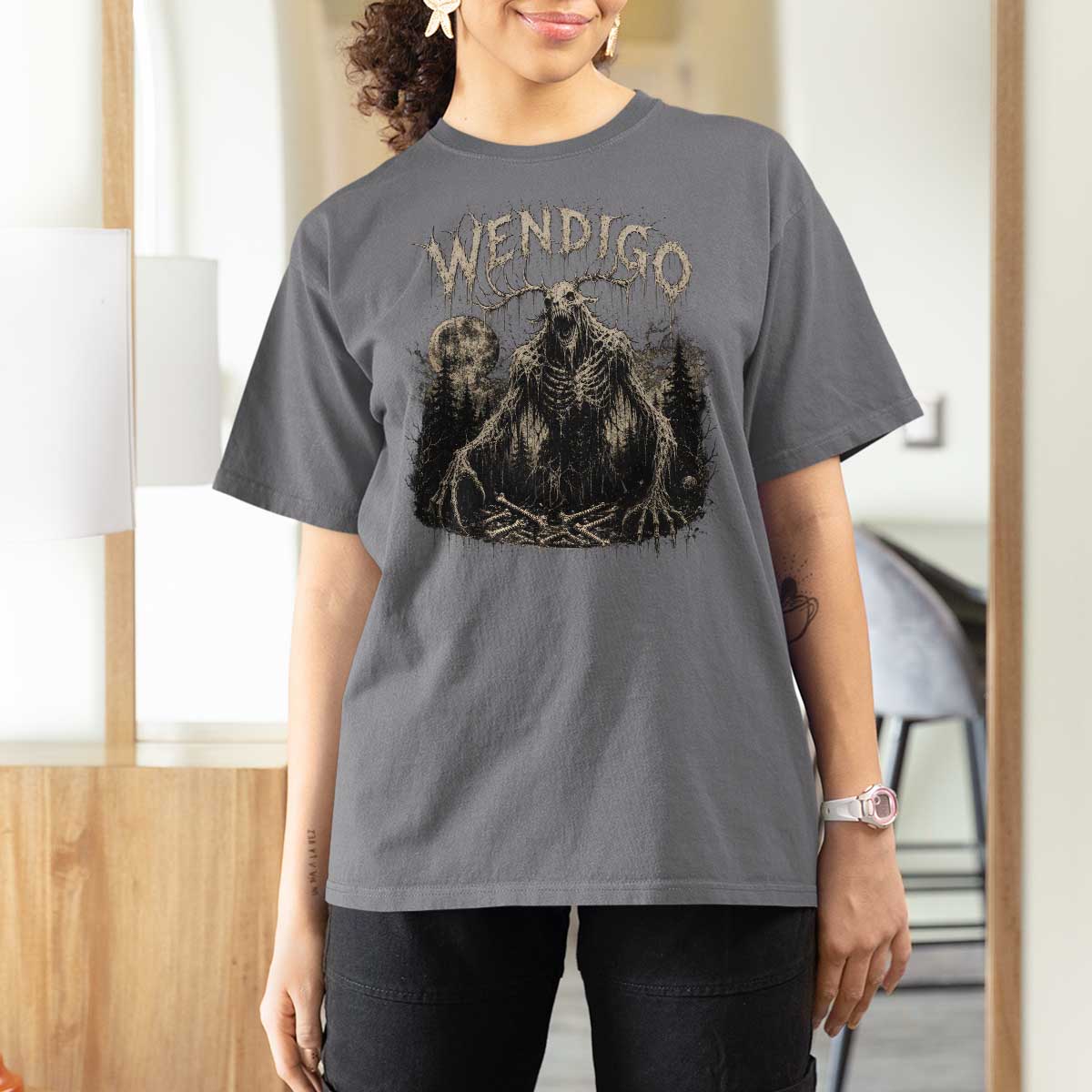 Wendigo Cryptid Monster T Shirt For Women Heavy Metal Dark Fantasy Horror Graphic