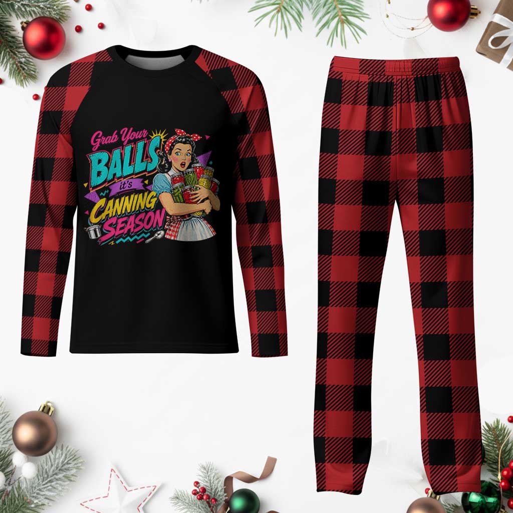Grab Your Balls Its Canning Season Funny Food Preservation Plaid Pajama Set Retro Pop Art Graphic