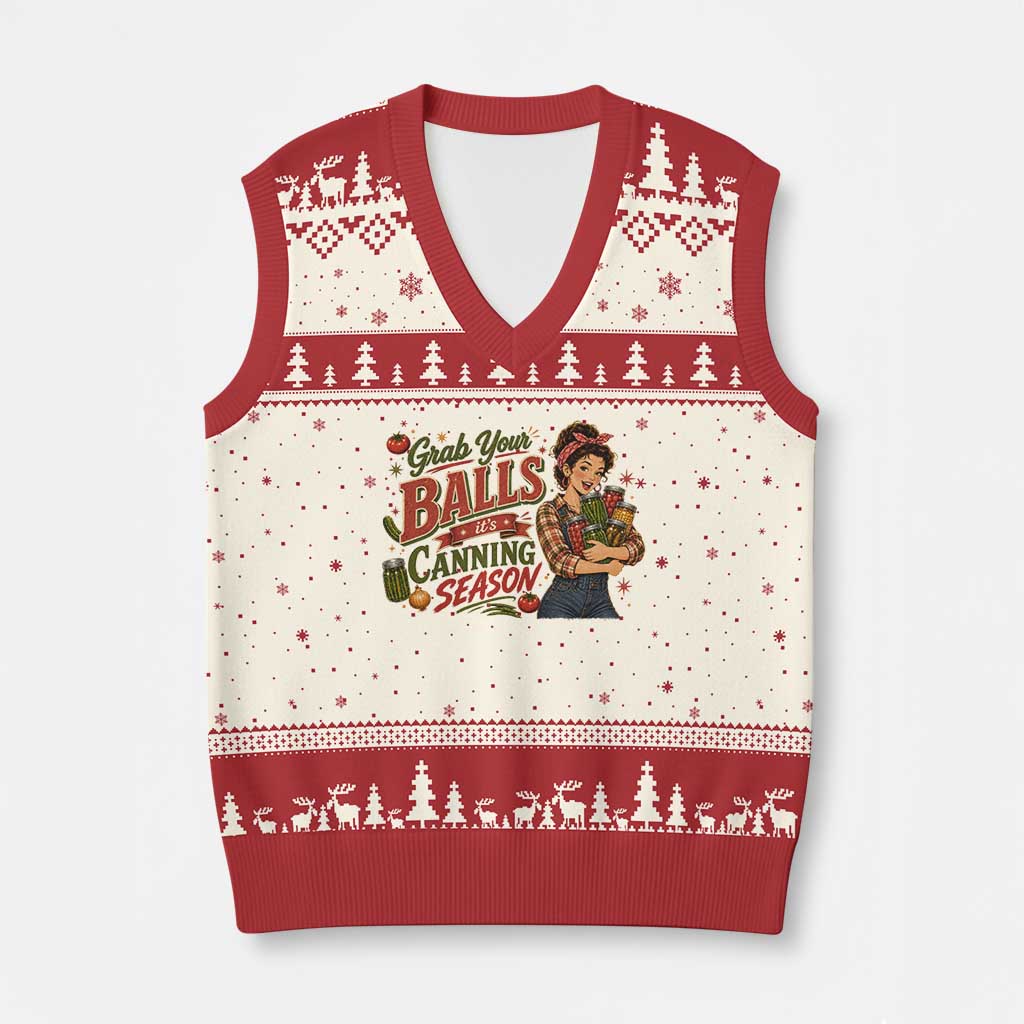 Grab Your Balls Its Canning Season Funny Food Preservation V-Neck Knit Sweater Vest Vintage Retro Country Girl Graphic