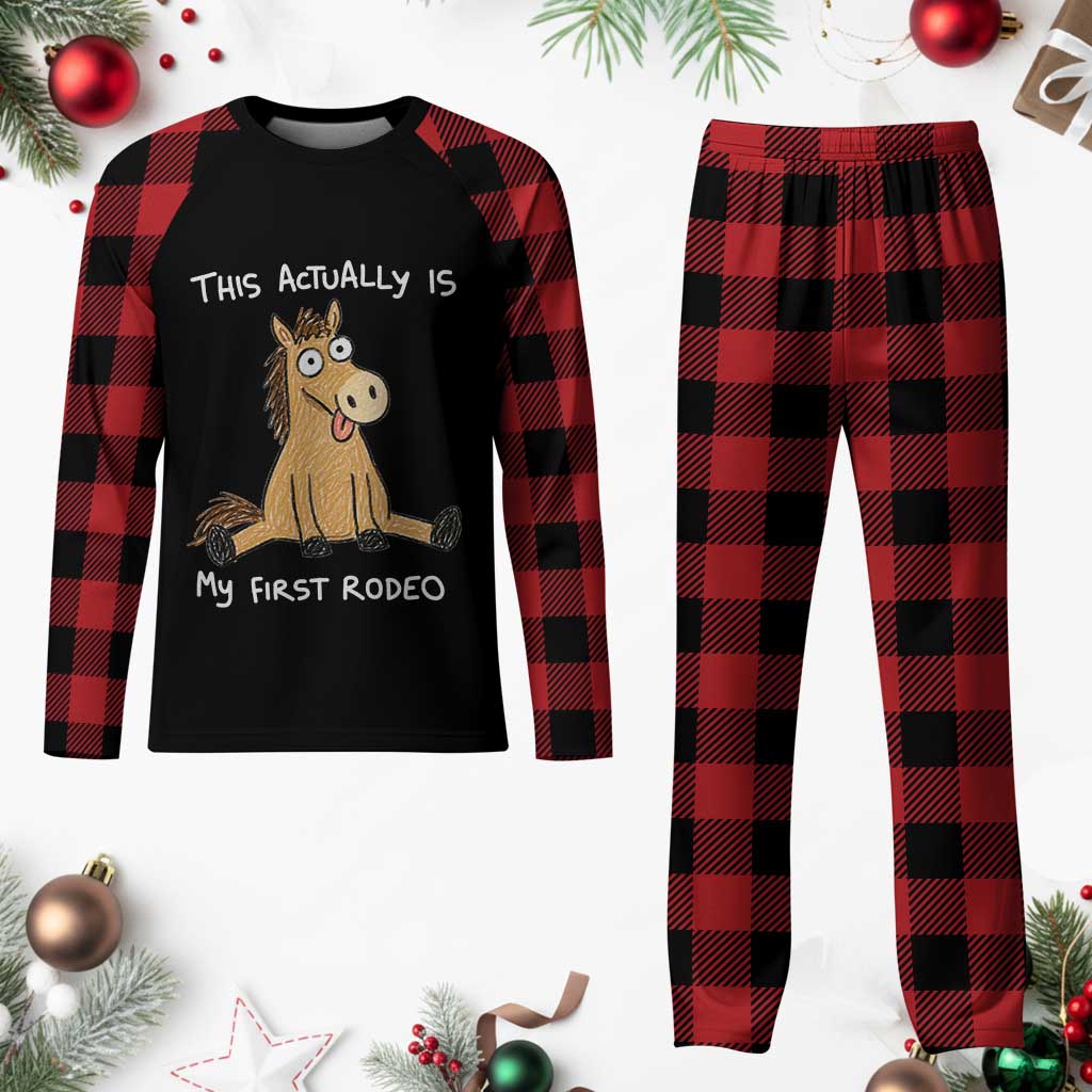 This Actually Is My First Rodeo Funny Silly Horse Plaid Pajama Set 1st Birthday Meme