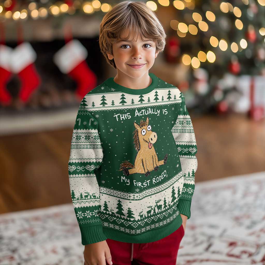 This Actually Is My First Rodeo Funny Silly Horse Ugly Christmas Sweater 1st Birthday Meme