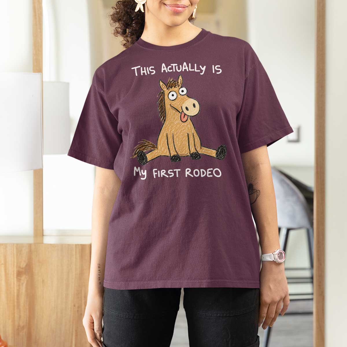 This Actually Is My First Rodeo Funny Silly Horse T Shirt For Women 1st Birthday Meme