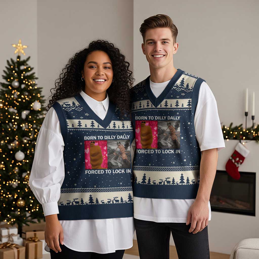 Marcus The Worm Meme V-Neck Knit Sweater Vest Born To Dilly Dally Forced To Lock In Funny Cute Brainrot - Wonder Print Shop