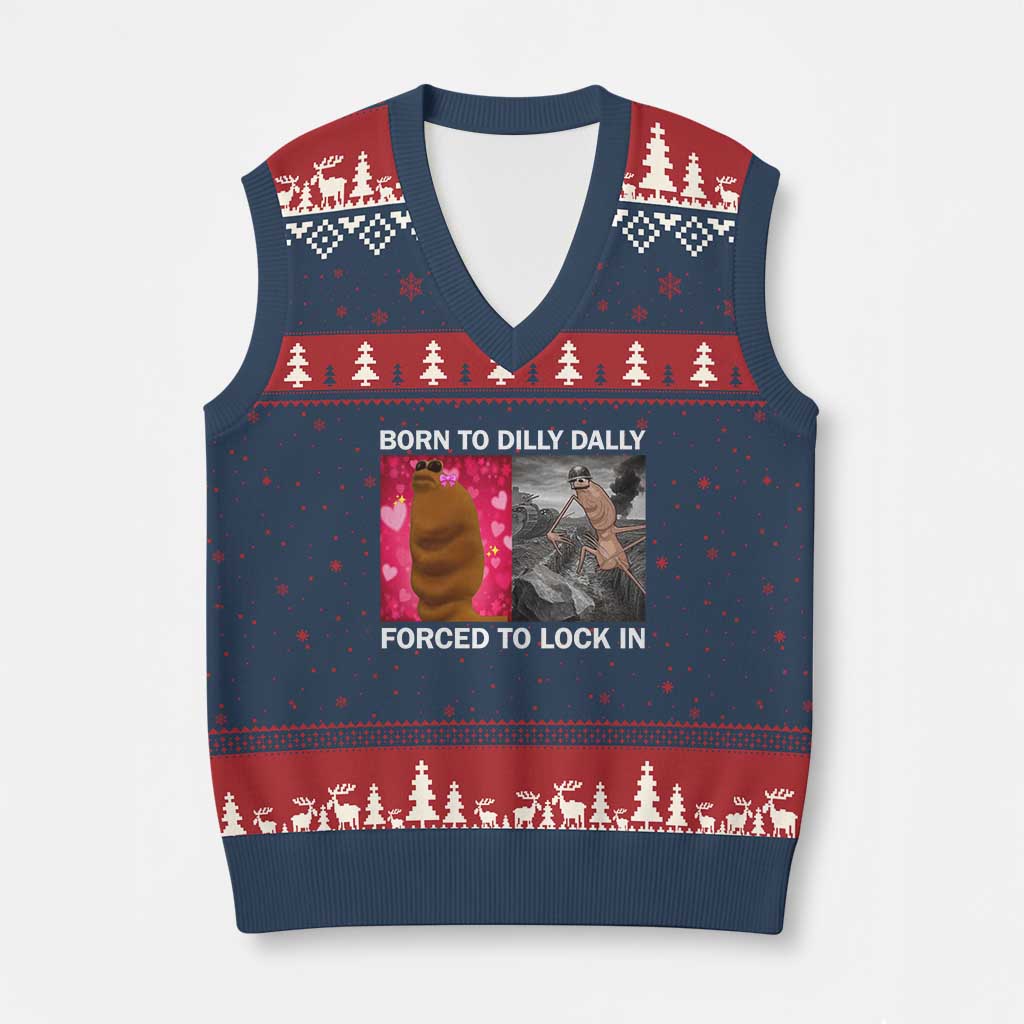 Marcus The Worm Meme V-Neck Knit Sweater Vest Born To Dilly Dally Forced To Lock In Funny Cute Brainrot - Wonder Print Shop