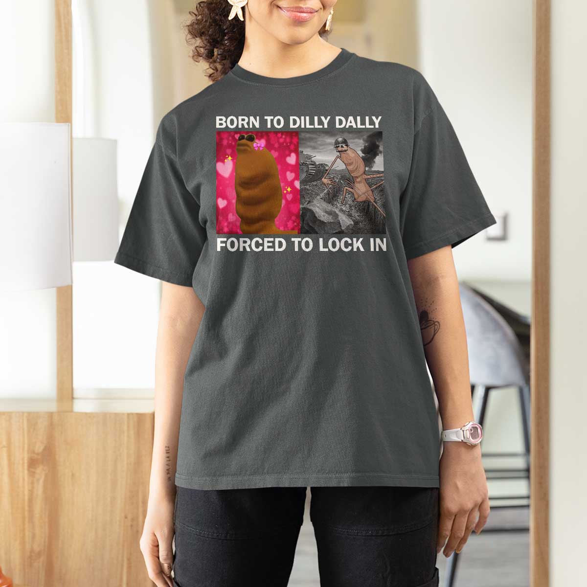 Marcus The Worm Meme T Shirt For Women Born To Dilly Dally Forced To Lock In Funny Cute Brainrot - Wonder Print Shop