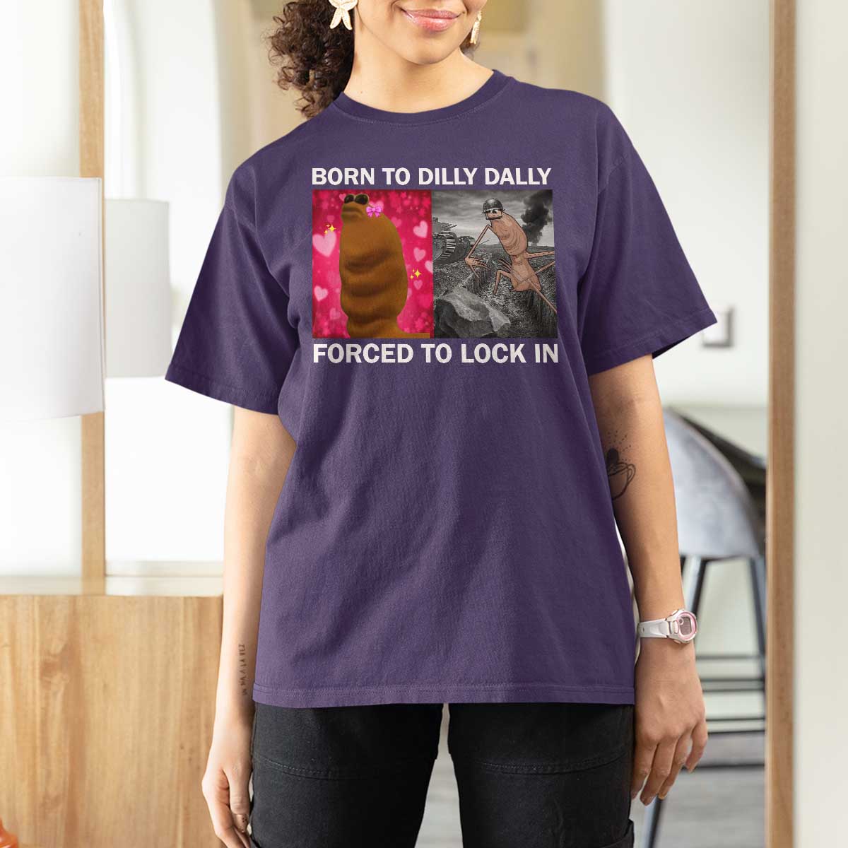 Marcus The Worm Meme T Shirt For Women Born To Dilly Dally Forced To Lock In Funny Cute Brainrot - Wonder Print Shop
