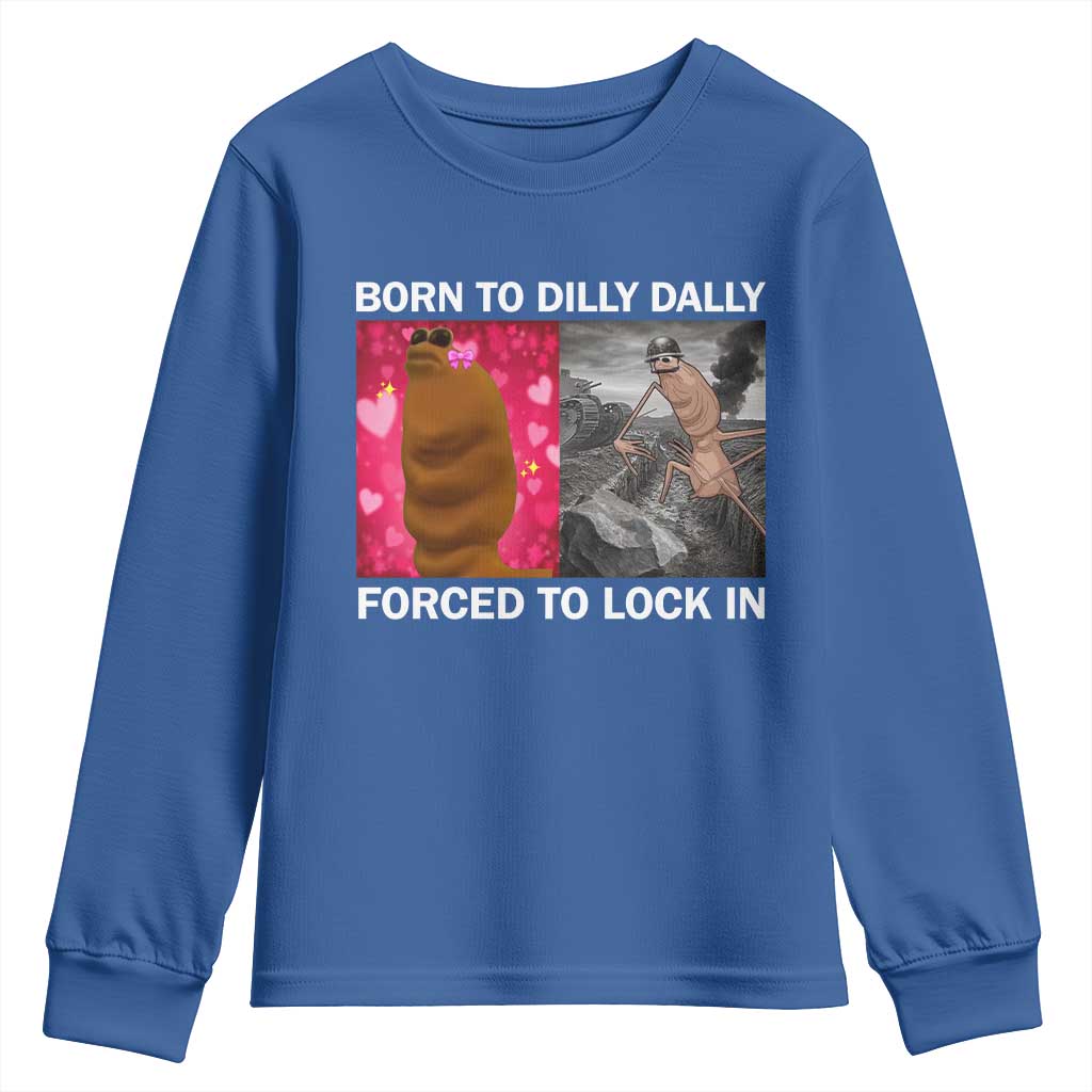 Marcus The Worm Meme Youth Sweatshirt Born To Dilly Dally Forced To Lock In Funny Cute Brainrot - Wonder Print Shop