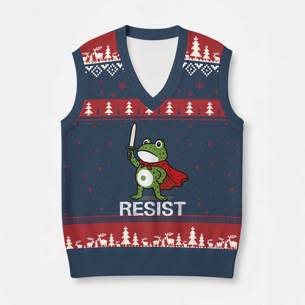 Resist Frog With Sword V-Neck Knit Sweater Vest No Kings Portland Protest - Wonder Print Shop