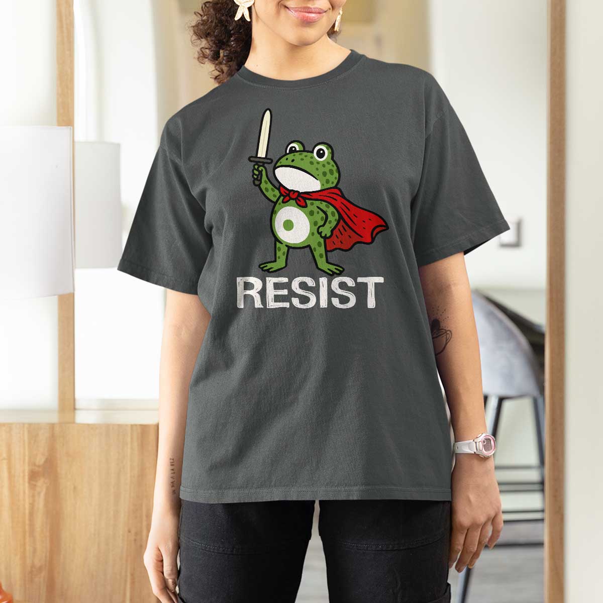 Resist Frog With Sword T Shirt For Women No Kings Portland Protest - Wonder Print Shop