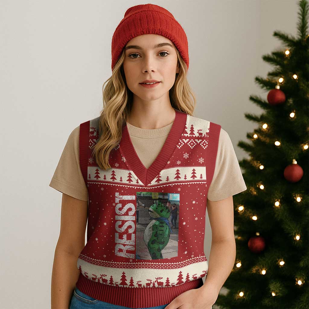 Portland Frog Protest V-Neck Knit Sweater Vest Vintage Activist Resistance - Wonder Print Shop