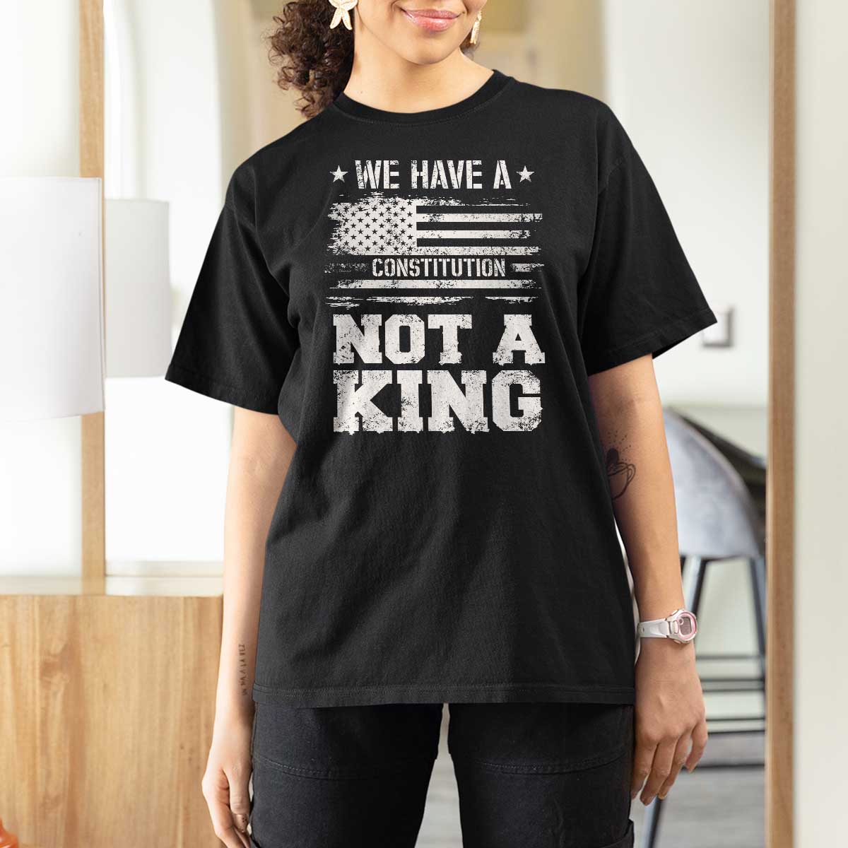 No Kings in America T Shirt For Women We Have A Constitution Not A King Resist US Flag - Wonder Print Shop