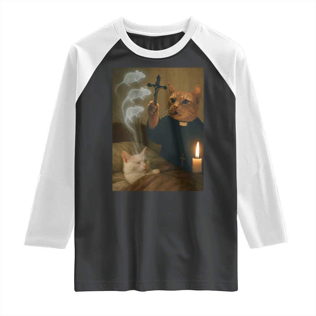 Funny Exorcist Cat Meme Raglan Shirt Dark Humor Cat - Wonder Print Shop