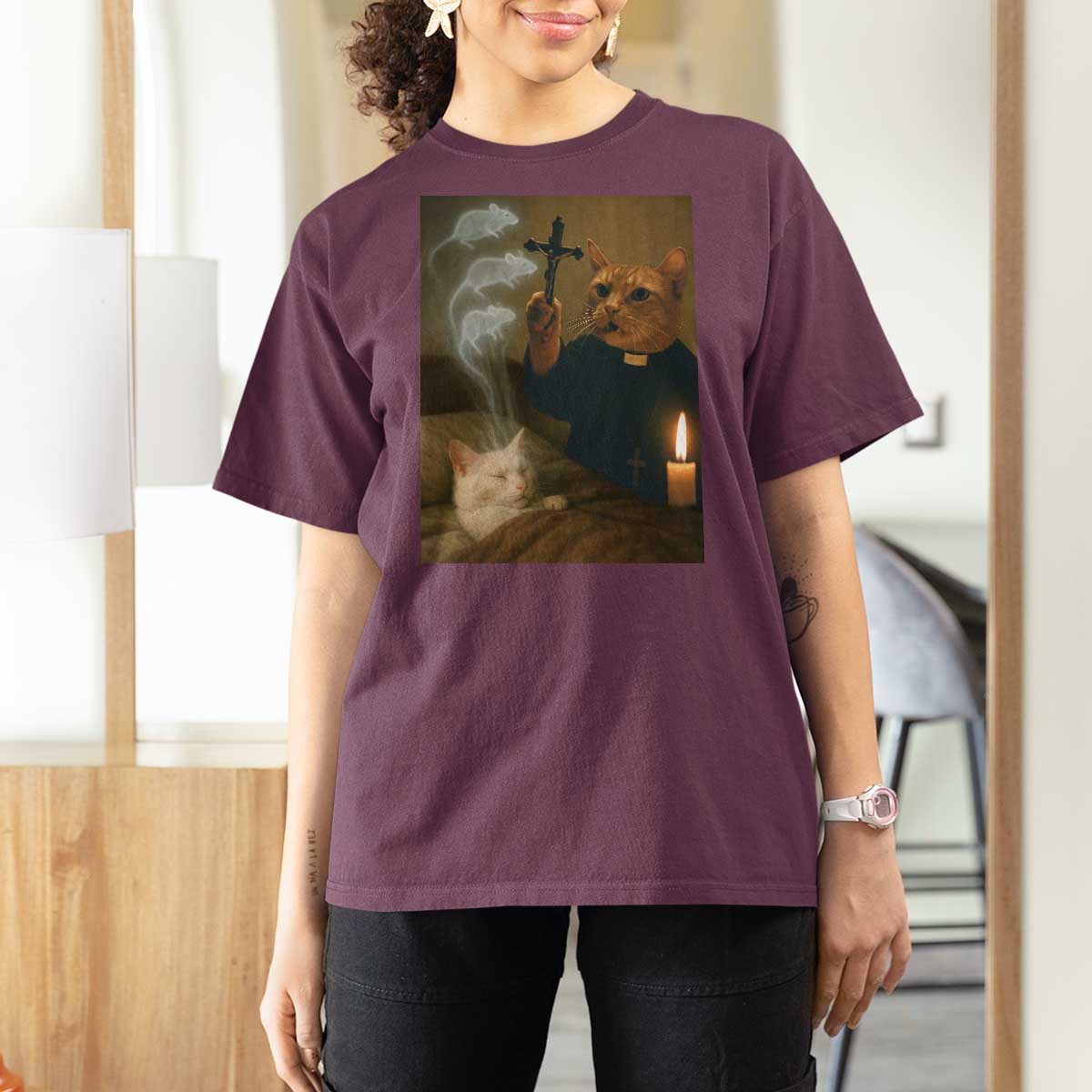 Funny Exorcist Cat Meme T Shirt For Women Dark Humor Cat - Wonder Print Shop