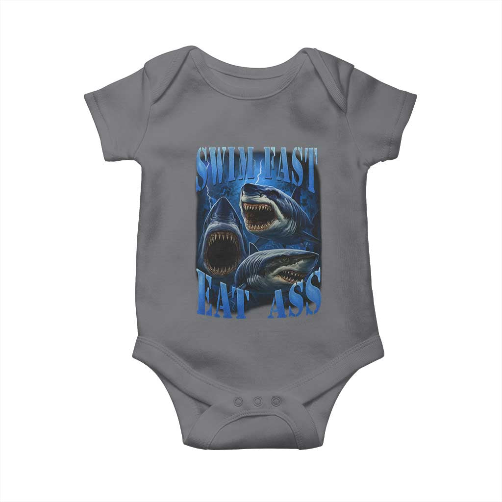 Retro Sharks Baby Onesie Swim Fast Eat Ass Vintage 90s Bootleg Graphic - Wonder Print Shop