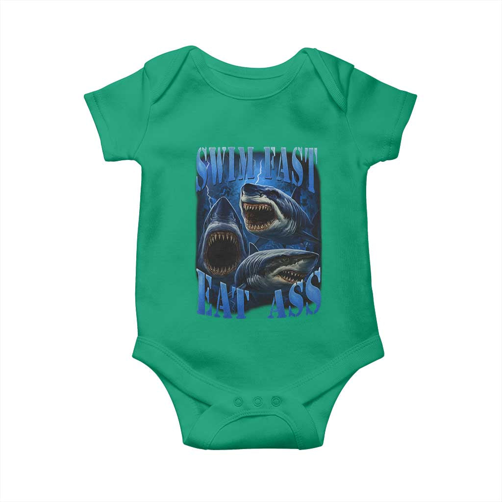 Retro Sharks Baby Onesie Swim Fast Eat Ass Vintage 90s Bootleg Graphic - Wonder Print Shop