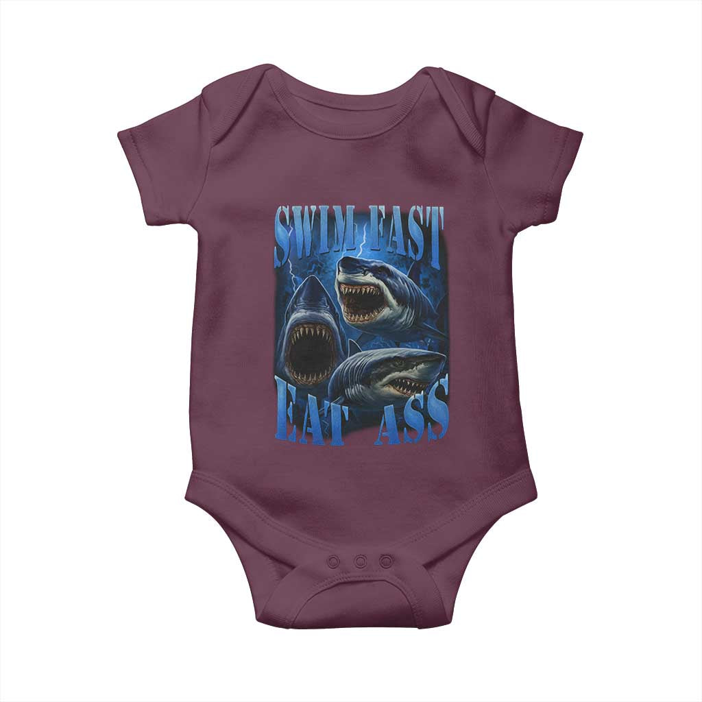 Retro Sharks Baby Onesie Swim Fast Eat Ass Vintage 90s Bootleg Graphic - Wonder Print Shop