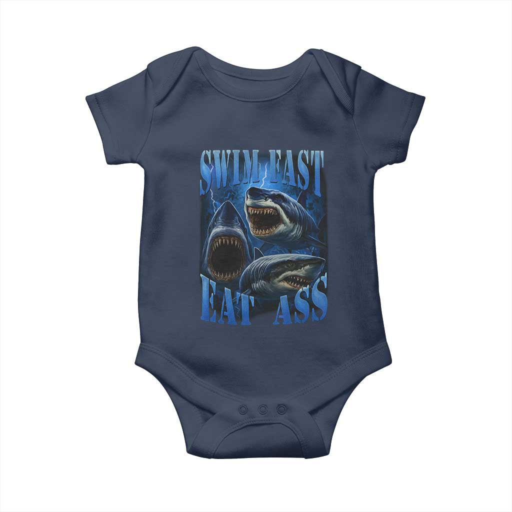 Retro Sharks Baby Onesie Swim Fast Eat Ass Vintage 90s Bootleg Graphic - Wonder Print Shop