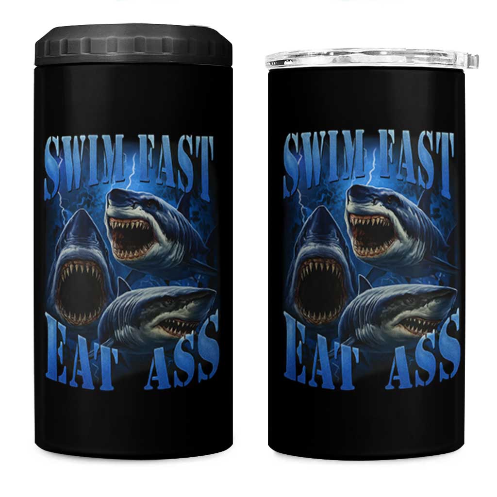 Retro Sharks 4 in 1 Can Cooler Tumbler Swim Fast Eat Ass Vintage 90s Bootleg Graphic - Wonder Print Shop