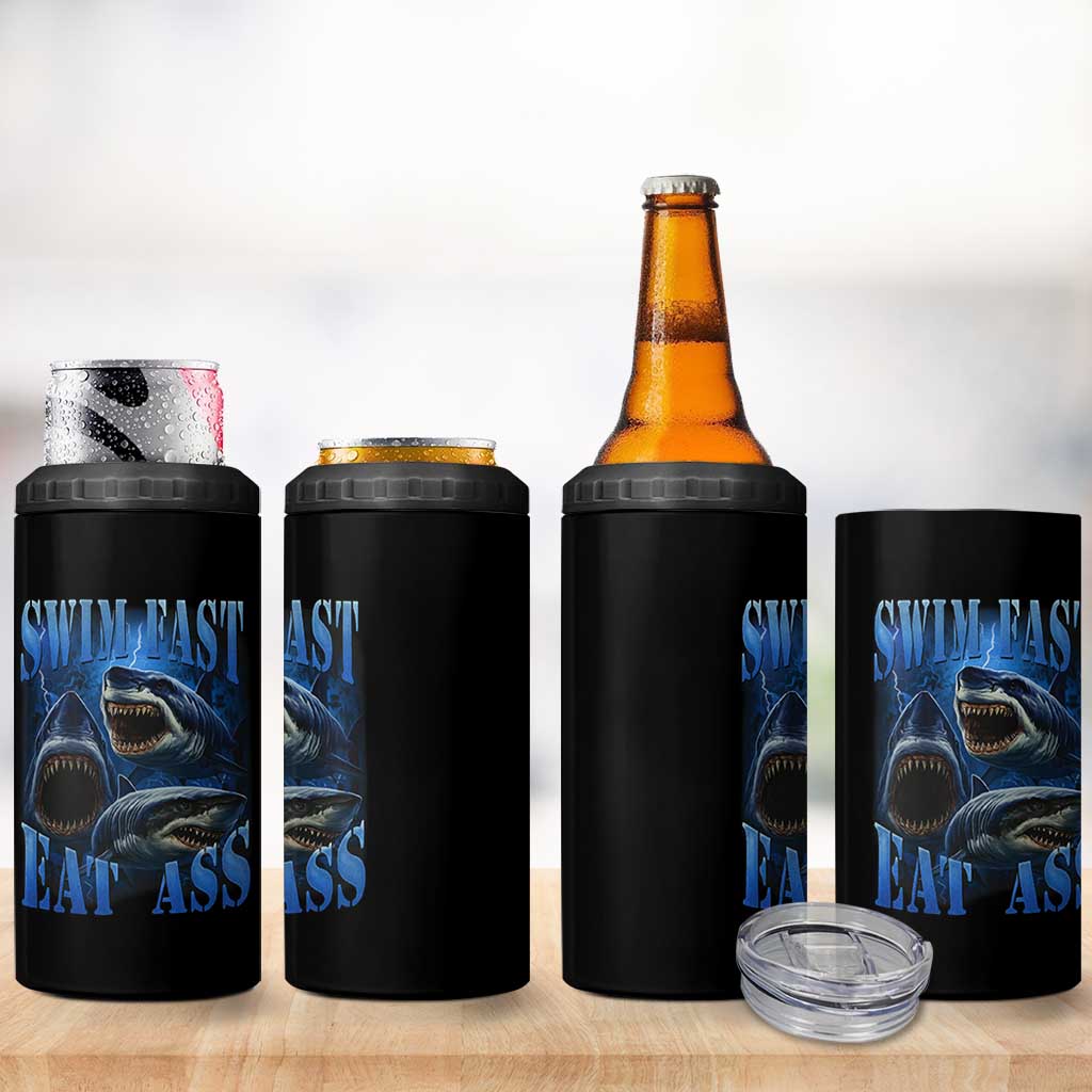 Retro Sharks 4 in 1 Can Cooler Tumbler Swim Fast Eat Ass Vintage 90s Bootleg Graphic - Wonder Print Shop