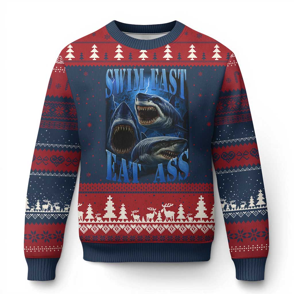 Retro Sharks Ugly Christmas Sweater Swim Fast Eat Ass Vintage 90s Bootleg Graphic - Wonder Print Shop
