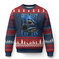 Retro Sharks Ugly Christmas Sweater Swim Fast Eat Ass Vintage 90s Bootleg Graphic - Wonder Print Shop