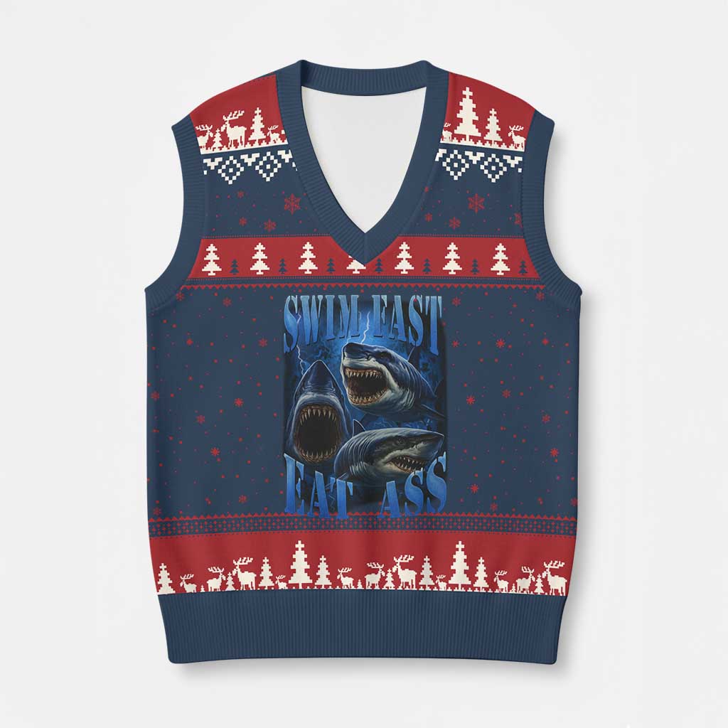 Retro Sharks V-Neck Knit Sweater Vest Swim Fast Eat Ass Vintage 90s Bootleg Graphic - Wonder Print Shop