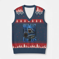 Retro Sharks V-Neck Knit Sweater Vest Swim Fast Eat Ass Vintage 90s Bootleg Graphic - Wonder Print Shop