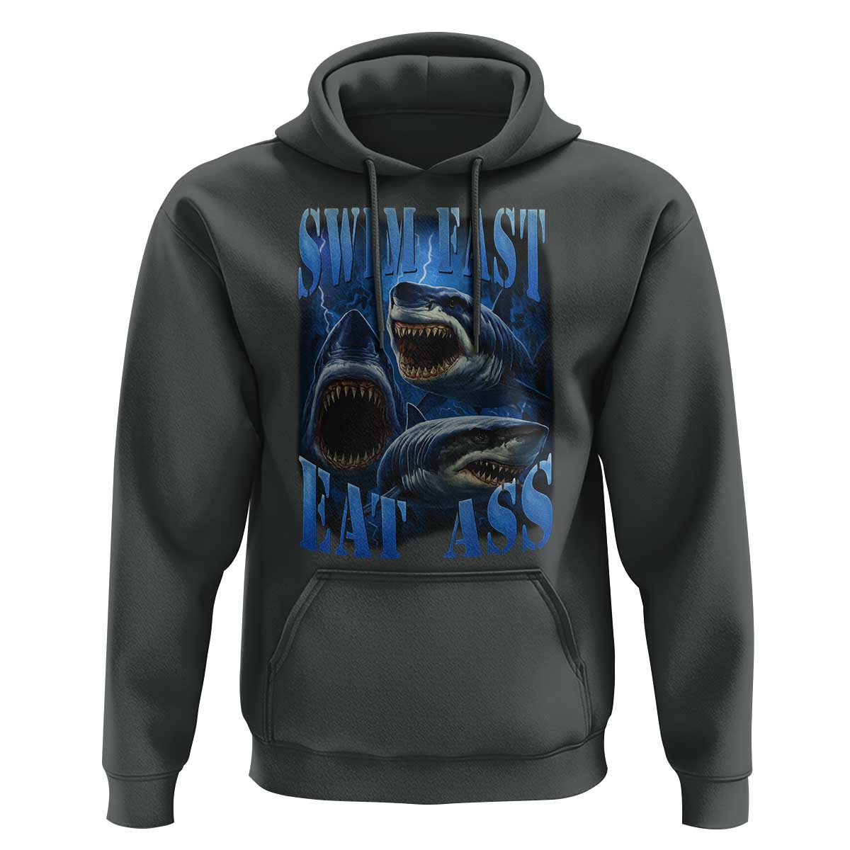 Retro Sharks Hoodie Swim Fast Eat Ass Vintage 90s Bootleg Graphic - Wonder Print Shop