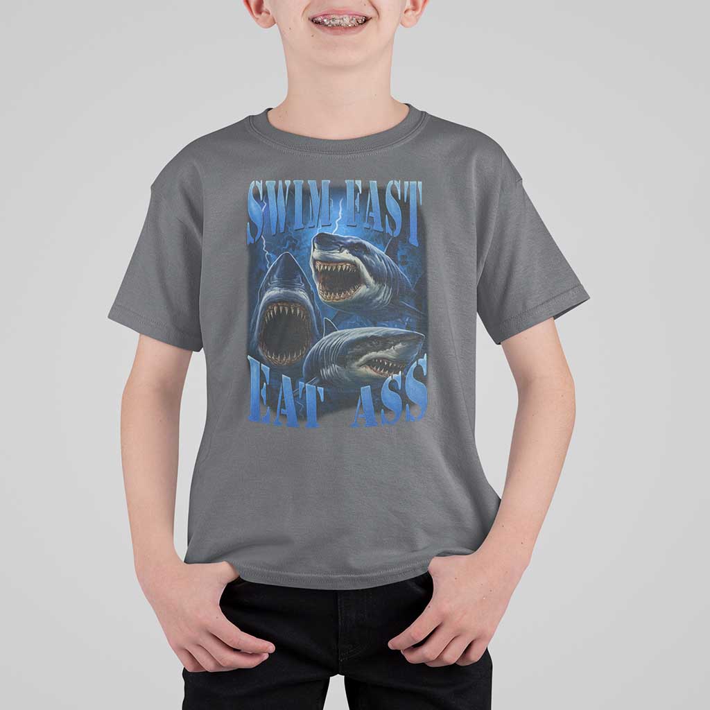 Retro Sharks T Shirt For Kid Swim Fast Eat Ass Vintage 90s Bootleg Graphic - Wonder Print Shop