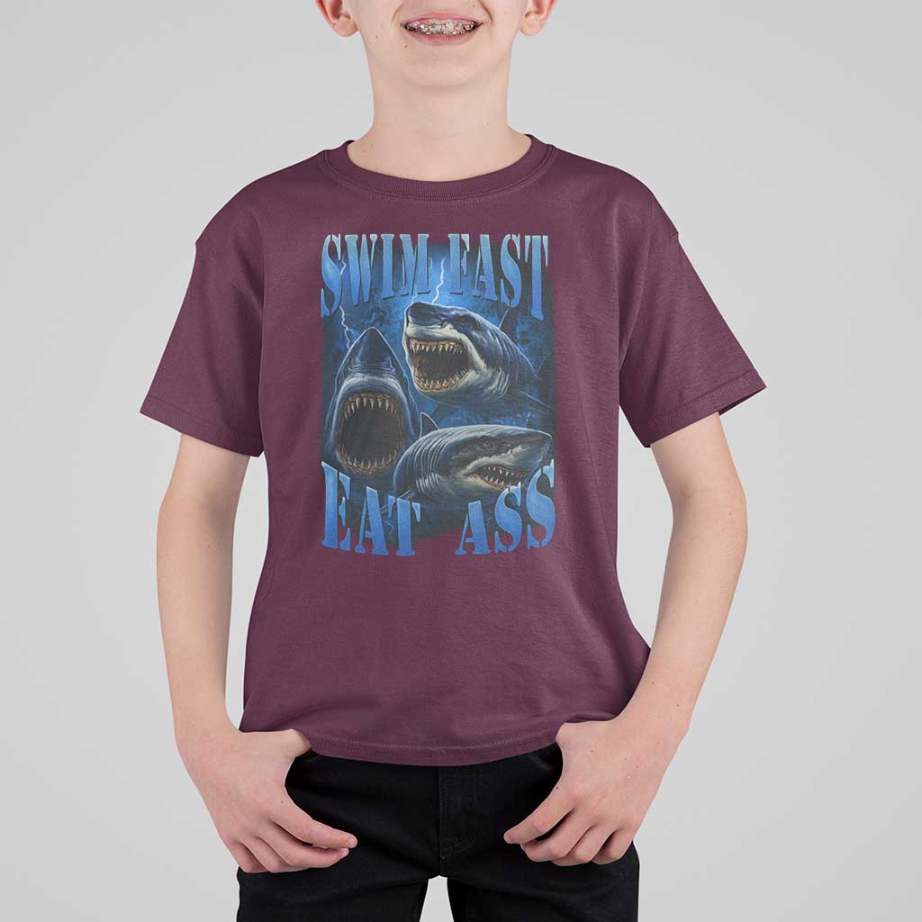 Retro Sharks T Shirt For Kid Swim Fast Eat Ass Vintage 90s Bootleg Graphic - Wonder Print Shop