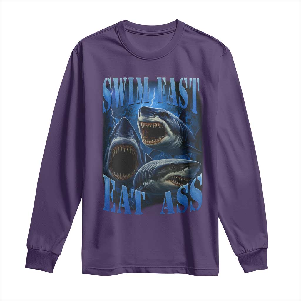 Retro Sharks Long Sleeve Shirt Swim Fast Eat Ass Vintage 90s Bootleg Graphic - Wonder Print Shop