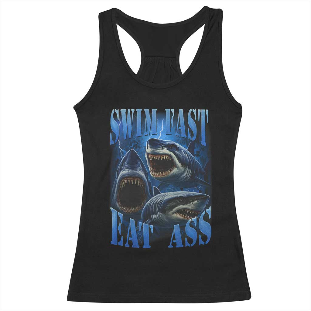 Retro Sharks Racerback Tank Top Swim Fast Eat Ass Vintage 90s Bootleg Graphic - Wonder Print Shop