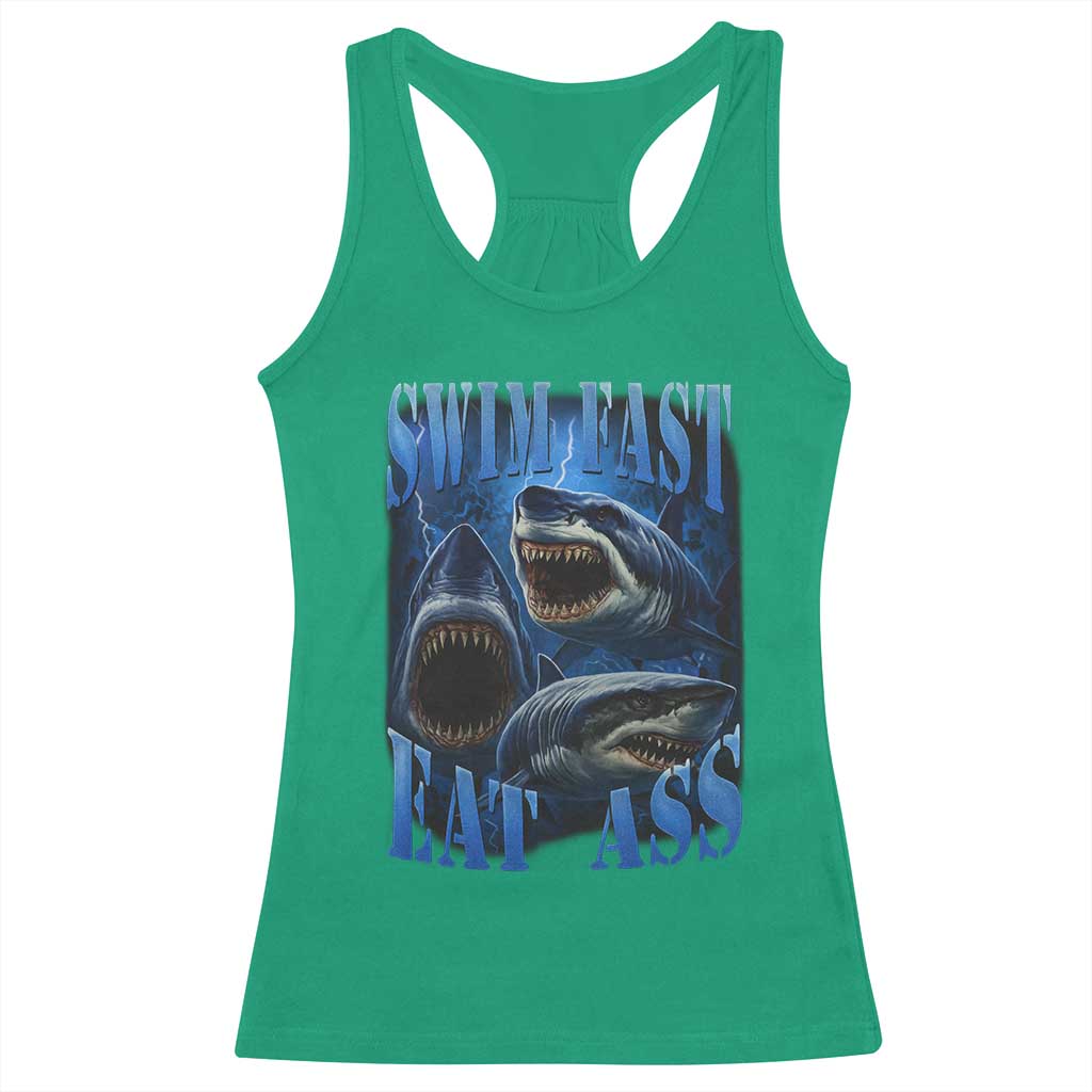 Retro Sharks Racerback Tank Top Swim Fast Eat Ass Vintage 90s Bootleg Graphic - Wonder Print Shop