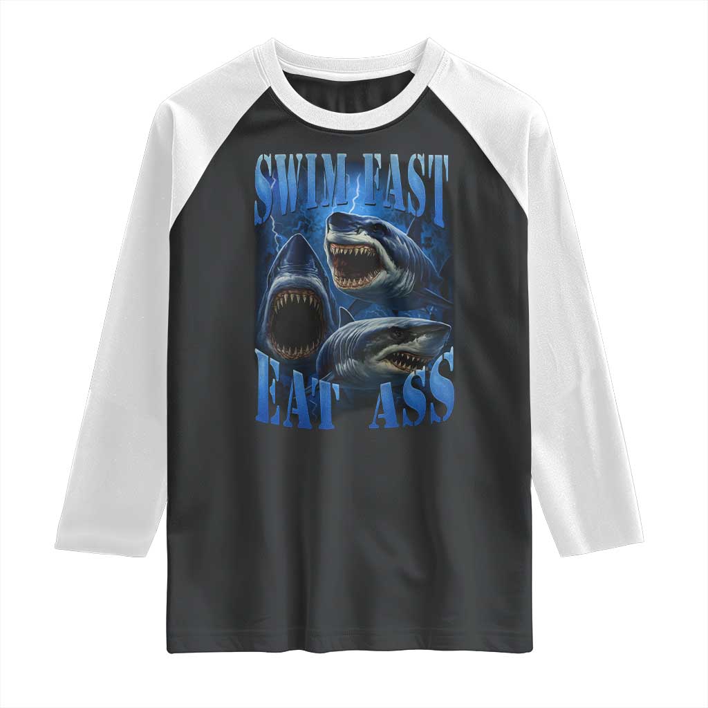 Retro Sharks Raglan Shirt Swim Fast Eat Ass Vintage 90s Bootleg Graphic - Wonder Print Shop