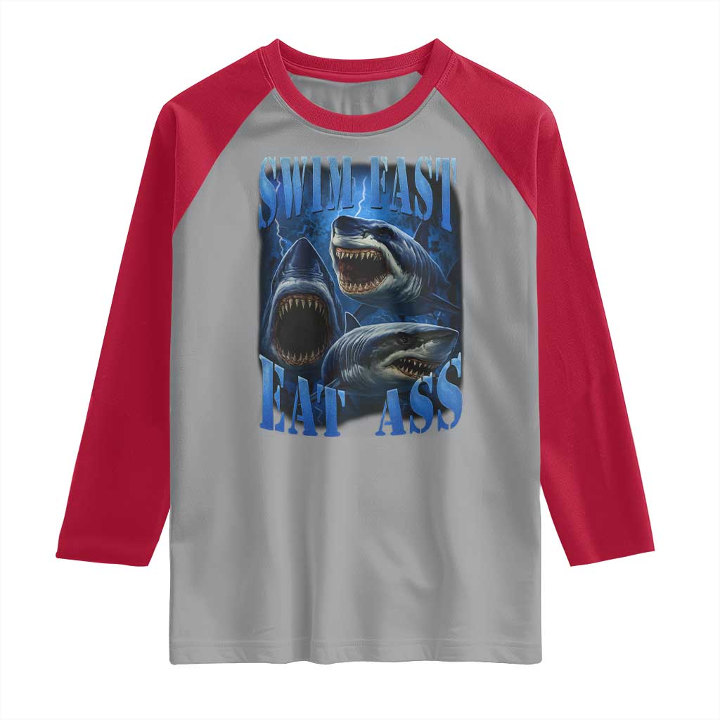 Retro Sharks Raglan Shirt Swim Fast Eat Ass Vintage 90s Bootleg Graphic - Wonder Print Shop
