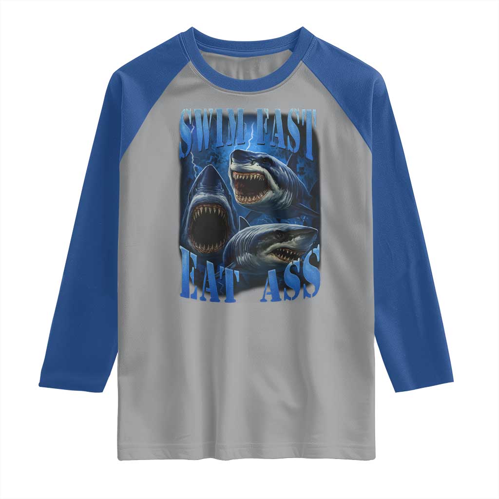 Retro Sharks Raglan Shirt Swim Fast Eat Ass Vintage 90s Bootleg Graphic - Wonder Print Shop