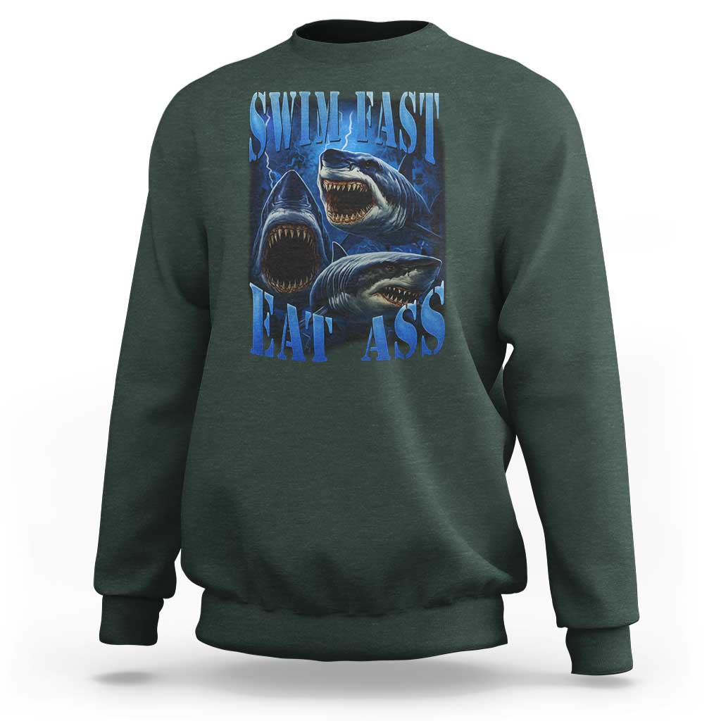 Retro Sharks Sweatshirt Swim Fast Eat Ass Vintage 90s Bootleg Graphic - Wonder Print Shop