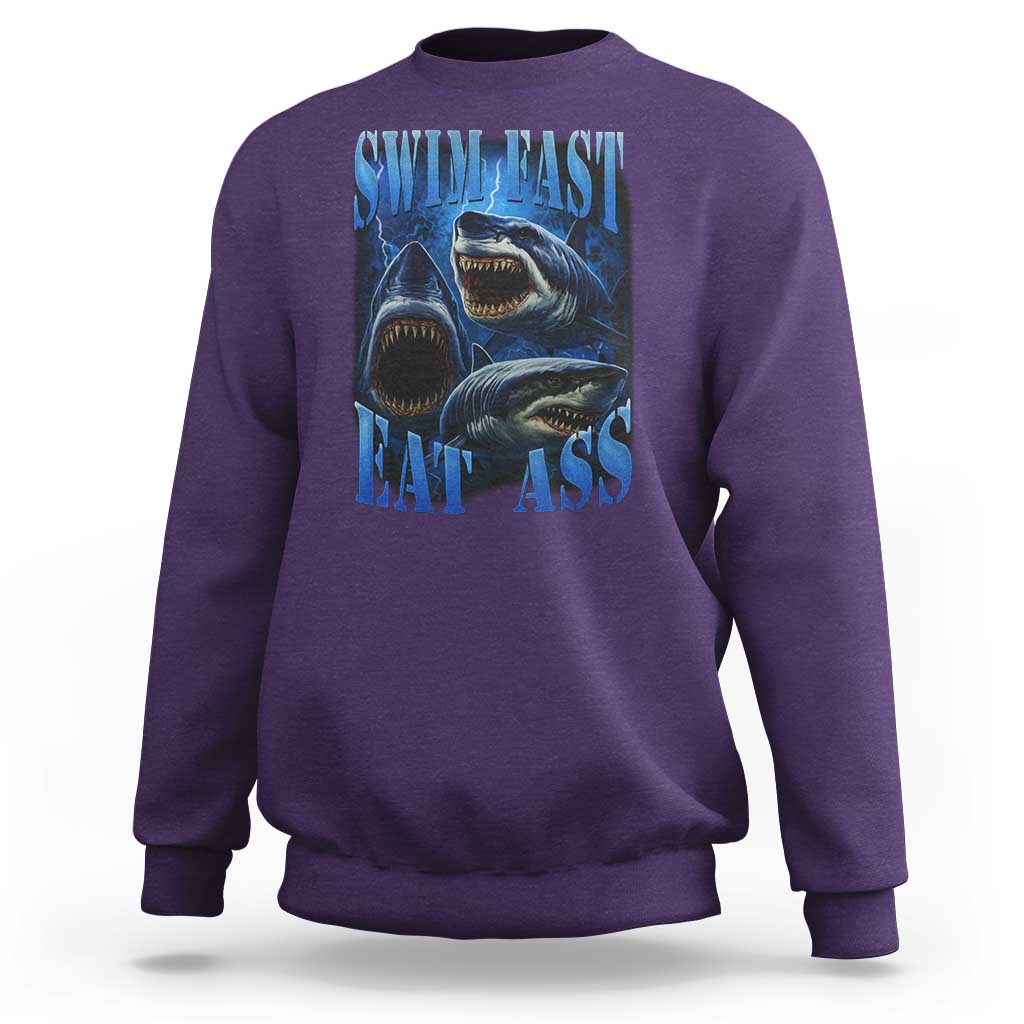 Retro Sharks Sweatshirt Swim Fast Eat Ass Vintage 90s Bootleg Graphic - Wonder Print Shop