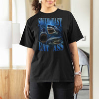Retro Sharks T Shirt For Women Swim Fast Eat Ass Vintage 90s Bootleg Graphic - Wonder Print Shop